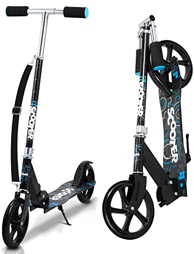 Lospitch Kinderscooter ab 5 Jahre, Aluminium Kinderroller 190mm Cityroller, klappbar Kinderroller mit 2 Radern, 3 Höhenverstellbar, Kinder Roller mit Tragegurt (Schwarz und blau)