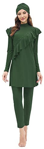 OBEEII Muslimische Bademode für Frauen Modest Solid Color Bademode Islamische Bademode Hijab Burkini Tankini Bademode, 3-teiliger Muslimischer Badeanzug Grün B M