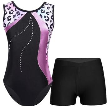 TTAO Gymnastikanzug Kinder Mädchen Turnanzug Ärmellos Ballettanzug Tanz Gymnastikbody mit Shorts Training Wettkampf Tanzkostüm Rosa Leopard 158-164