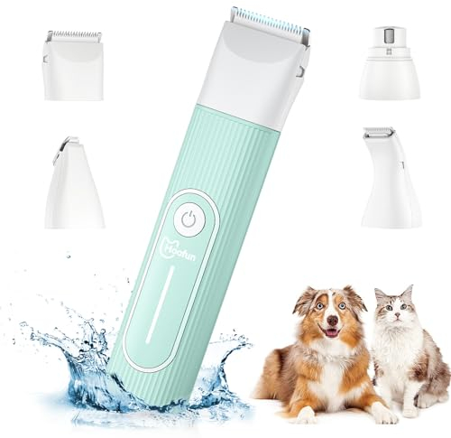 4 in 1 Leise Hundeschermaschine für Pudel: IPX7 Wasserdicht Hunde Haarschneidemaschine klein mit 4 Größen Trimmerkopf,Wiederaufladbar Pfoten Schermaschine Hund für Katzen,Augen (Blau)