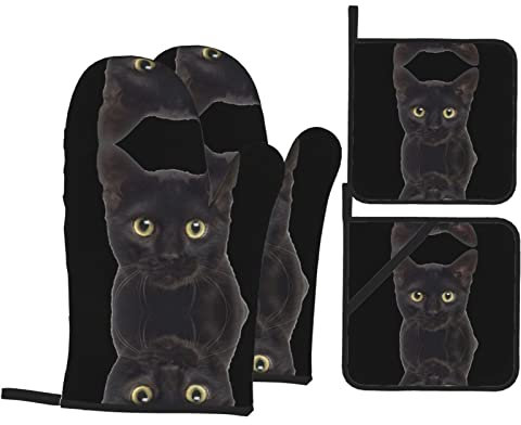 Black Cat Kitchen Baking Four Piece Set Of Pot Holder Oven Gloves For Barbecue Cooking And Baking