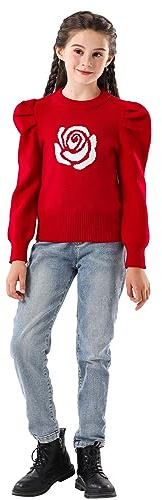 SMILING PINKER Girls Jumper Sweater Knit Butterfly Camellia Pullover Puff Sleeves Crop Top(Red Camellia,11-12 Years)