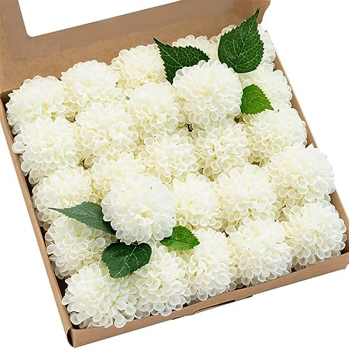 FLCSIed Artificial Dahlia Flowers 25pcs Real Looking Foam Fake Roses with Stems for DIY Wedding Bouquets White Bridal Shower Centerpieces Floral Arrangements Party Tables Home Decoration … (Ivory)