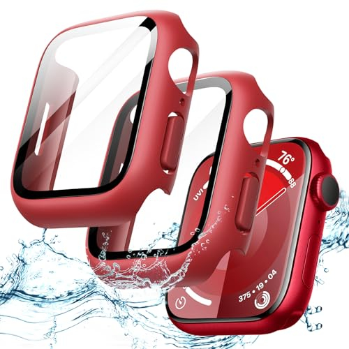 JETech Cover Impermeabile con Pellicola Protettiva per Apple Watch Series 9 8 7 41mm, Integrato Vetro Temperato Film PC Rigido Protettiva Completa Custodia, 2 Pacco (Rosso)