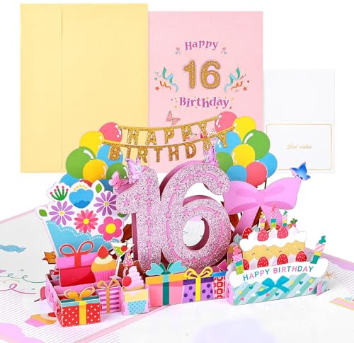 joyoldelf Biglietto di Auguri di Compleanno 16 Anni Pop-Up 3D - Carta di Auguri con Busta per Ragazza, Donna, Amica, Mamma, Uomo - Regalo Romantico e Creativo