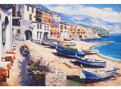 MISITU Mini Jigsaw Puzzle 1000 Pieces for Adults and Children - Seaside Village - Difficult Challenging Small Jigsaw Puzzle for Adults 15 x 10.2 Inch