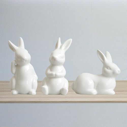 STKMELON Keramik Häschen Figuren Osterhase Hasen Dekor Osterdekoration Weißes Kaninchen für Home Desktop Decor Set von 3