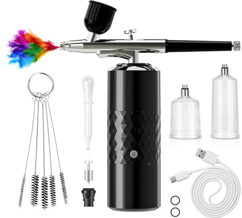 crpen Airbrush Kit Rechargeable Cordless Airbrush Compressor Portable Handheld Airbrush Air Brush for Model Painting,Nail Art,Cake decoration,Makeup, Barber (Black),(crpen5HlX)