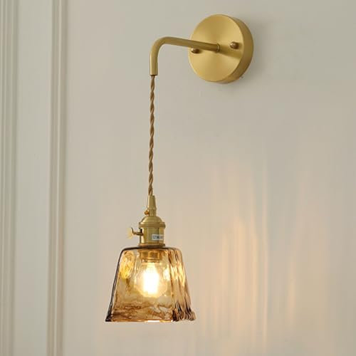 YOOCHUENG Vintage Wandleuchte Innen,Glas Wandlampe Bernstein,E27 Leuchte Gold mit Schalter für Schlafzimmer Wohnbereich Nachttisch Korridor(Stil A)