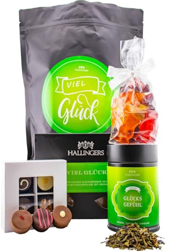 Hallingers Genuss Manufaktur Feinkost Glückwunsch-Geschenk-Set - XXL-Wundertüte Viel Glück großer Glücksgruß Pralinen, Tee, Tafel Schokolade & Fruchtsaftbärchen, Geschenkidee für Frauen Männer