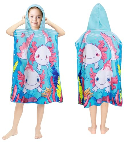 Queenshin Badeponcho Badetücher Badehandtuch Kinder Mikrofaser Bademantel Strandtuch Kinder Salamander Ultra Weich und Saugfähig Handtuch mit Kapuze für Mädchen Jungen 3-10 Jahre, 75 x 65 cm