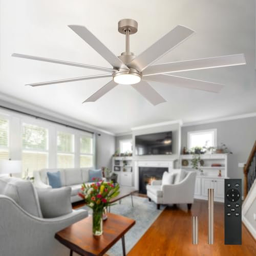 Depuley 72 Nickel Ceiling Fans with Lights and Remote, Large Reversible Modern Ceiling Light Fan with 5-Speed, Ceiling Fan for Indoor Outdoor, 3000K-6000K Quiet DC Motor 8 Blades, Timer