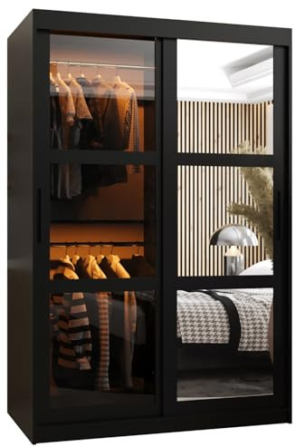 ABIKSMEBLE Dome 2 Armoire à Deux Portes Coulissantes avec Miroir, Barres et Étagères - Armoire de Rangement avec Verre Fumé pour Chambre, Salon - 200x120x62 cm - Noir, Noir, Noir