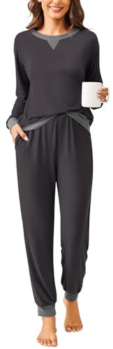 Ekouaer Schlafanzug Damen Lang Pyjama Baumwolle Nachtwäsche Winter Pyjama Set Star Zweiteiliger mit Rundhals Elastischer Bund Taschen grau S