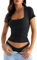 Womens Basic Going Out Square Neck Tops Lightweight Summer Casual Short Sleeve Slim Fit T Shirt Black