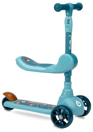 MoMi 3-Rad-Kinderroller KIURU 2-in-1, 3-stufig höhenverstellbarer Lenker 59-71 cm, klappbar, Scooter mit abnehmbarem Sattel, LED-Leuchträder mit ABEC-7 Kugellagern, nur 2,8 kg