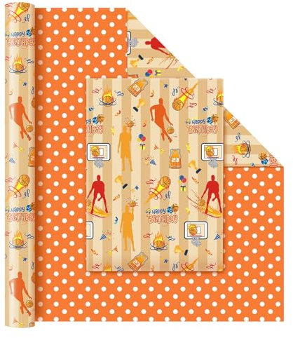 WERNNSAI Basketball Wende Geschenkpapier – 1 Rolle 43 cm x 10 m Happy Birthday Sport Geschenkpapierrolle für Jungen und Kinder Sportball Geburtstagsgeschenkpapier orangefarbene Geschenkdekoration