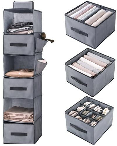 Chostky 6-Shelf Hanging Storage Organiser with 3 Removable Drawers, 6 Shelves Hanging Storage Shelves, Hanging Wardrobe Clothes Organiser Closet Storage Hanging Shelves Unit for Bedroom Home