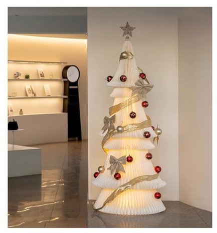 Grande Albero Di Natale Bianco con Accessori, Alberi Di Natale Di Carta per Feste, Albero Di Natale Pieghevole A Nido D'ape(25.9x59 in)