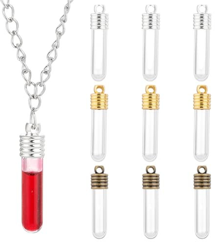 PH PandaHall 9 Sets Clear Glass Bottle Hanging Pendant Column Rice Art Wish Bottles with 3 Colours Cap Vial Tube Pendants for Necklace Making Christmas Home Decorations 1.25 (NOT SCREWABLE)
