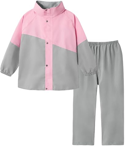 Volunboy Enfants Imperméable à Capuche Boutons Manteau Veste de Pluie et Pantalon Combinaison pour Fille Garçon(11-12 ans,Gris Rose,3XL)