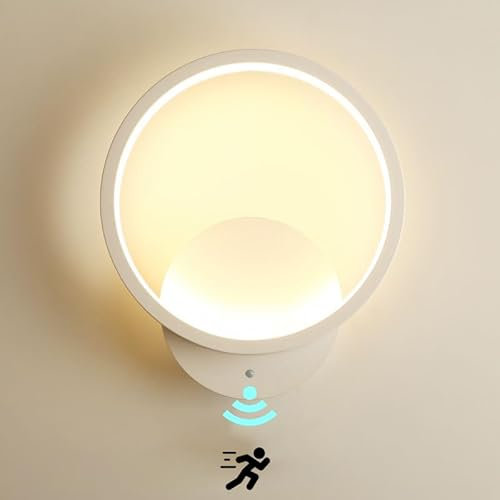 Wandleuchte Innen mit Bewegungsmelder LED Modern Runde Wandlampe mit Bewegungssensor 3000K Wandbeleuchtung für Flur Korridor Treppenhaus Balkon Wohnzimmer Schlafzimmer Lampe, 3 Modi (AUTO/AUS/EIN)