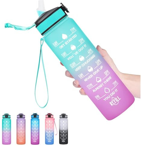 Trinkflasche 1L, BPA-Frei Tritan Wasserflasche mit Strohhalm, Sport water bottle mit Zeitmarkierung für Fitness, Schule, Yoga, Outdoor (Hellgrün Hellrosa)