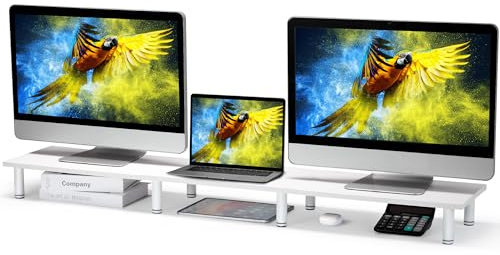 La Jaco 119,9 cm extra langer Dual-Monitorständer für 2 Monitore, Schreibtischregal, TV-Erhöhungsblöcke, Holz und Stahl, Desktop-Erhöhung für Computer, Laptop, Drucker, Heimbüro-Organisation, Weiß