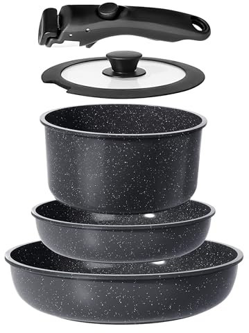 GiPP Pots and Pans Set Non Stick,5PCS Cookware Sets Grey Ceramic Nonstick Detachable Handle,Induction Kitchen Set Removable Handle,RV Cookware Set,PFOA Free (Grey, 5PCS)