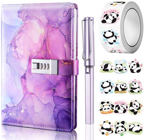 UNIANE Journal avec serrure pour filles, Journal A5 avec code, Carnet avec serrure avec stylo et ensemble d'autocollants amusants, Carnet en PU cuir, Carnets Secret Marble pour cadeau d'anniversaire