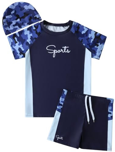 Hotfiary Boys Swimming Costume, Big Kids Swim Trunks & Short Sleeve Rash Guard Shirt & Swim Cap, Two Piece Swimsuit T-Shirt Short Set, Summer Bathing Suit Swimwear for 6 7 8 9 10 11 12 13 14 15 Years