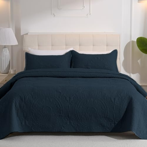 DUJUIKE Tagesdecke Bettüberwurf 220x240cm, Blattschutzdecke Schlafzimmerdecke, Steppdecke Doppelseitiges Design, Multifunktionale Leichte Steppdecke Als Sofadecke Tagesdecke (Dunkelblau)