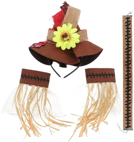 Halloween Scarecrow Hat Headband 4pcs Halloween Costume Straw Hat Necklace Wristband Cosplay for Kids Adults Carnival Costume Accessories