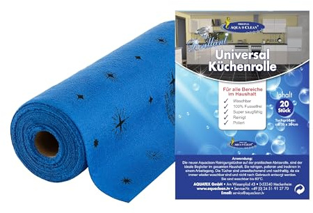 Aqua Clean Brillant Universal Küchenrolle, 20 Reinigungstücher Blau | 20 wiederverwendbare Mikrofasertücher auf Rolle – saugstark, fusselfrei und ideal zum Reinigen, Trocknen und Polieren.