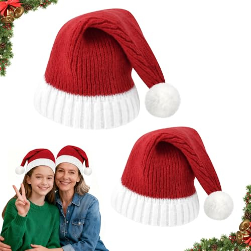 VGECEE 2PCS Weihnachtsmütze Familie Weihnachtsmannmütze Eltern-Kind Gestrickte Weihnachtsmütze Strickmütze Weihnachten Nikolausmütze Santa Clause Mütze weihnachtsmann für Erwachsene Kinder