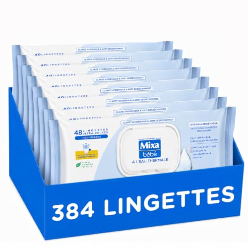 Mixa Lingettes Bébé Eau Thermale Hypoallergéniques Lot de 8 x 48 | Origine végétale, Testées contrôle pédiatrique, Clapet anti-dessèchement, Multi-usages corps visage mains
