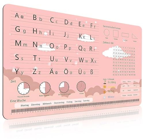 SGZIOO Schreibtischunterlage Kinder Abwischbar, Wolken Schreibtisch Unterlage Kinder, Schreibunterlage Kinders, Schreibtischunterlage Mädchen mit ABC, Uhrzeit, Geometrische, 70 x 40 cm (Rosa, Wolken)