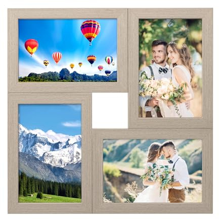 VOSSOT Fotocollage Bilderrahmen 10×15cm Bilderrahmen Collage Holz Collage Bilderrahmens Fotorahmen für Mehrere Fotos Wand Collagemit Glasscheibe und RüCkwand (Eiche, 4 Fotos)