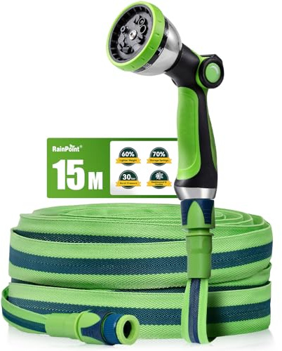 RAINPOINT Gartenschlauch Flexibel 15m, Leichtgewicht-Wasserschlauch mit TPE-Innenschlauch, 800D Oxford-Gewebe, 30 Bar Berstdruck, 10-Funktionen Gartenbrause, 1/2 & 3/4 Anschlüsse