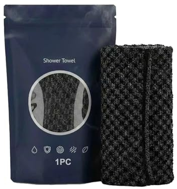 Serviette de Douche Exfoliante, Gommage Naturel en Fibre de Bambou et Charbon, Exfoliation Douce, Séchage Rapide, Usage Quotidien(Noir)