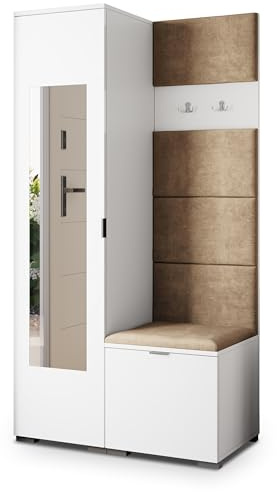 Masseno Flugarderoben Set VIRA, Kleiderschrank-Set mit Spiegel und Sitzbank, Garderobenschrank Flur mit 3 Regalböden, Weiß