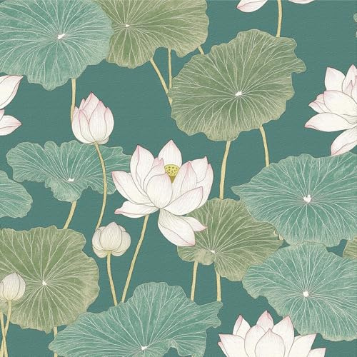 Peel and Stick Wallpaper Green Floral, 44 x 1000 cm Watercolor Lotus Self Adhesive Wallpaper Boho Modern Lotus Floral Leaf Botanical Self Adhesive Furniture Wrap for Living Room,Bathroom,Cabinets