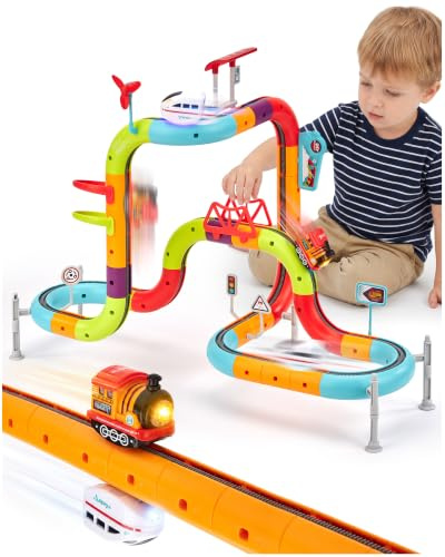 hahaland Trenino Elettrico per Bambini 64 Pezzi, Set STEM Pista Trenino 3D | con 2 Veicoli Ricaricabili, DIY Circuito Effetto Antigravità, Giocattolo STEM, Regalo Bambino 3-6 Anni