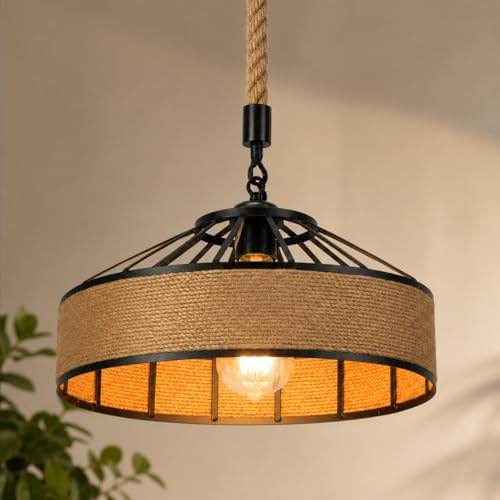 COOINJOY Hängeleuchte Esstisch 40cm, Boho Lampe E27 mit Naturseil und Schwarzem Metallrahmen, Lampenschirm Rattan Optik, Vintage Deckenlampe für Esszimmer, Küche, Wohnzimmer und Restaurant (40CM)