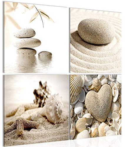 Runa Art Bilder Strand Steine 4 Teilig Bild auf Vlies Leinwand Schlafzimmer Wohnzimmer 60 x 60 cm Feng Shui Beige 501644a