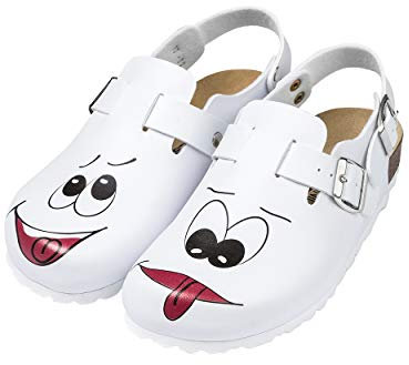 CLINIC DRESS Clog - Clogs Damen bunt weiß Motiv. Schuhe für Krankenschwestern, Ärzte oder Pflegekräfte weiß/bunt, Gesicht 38