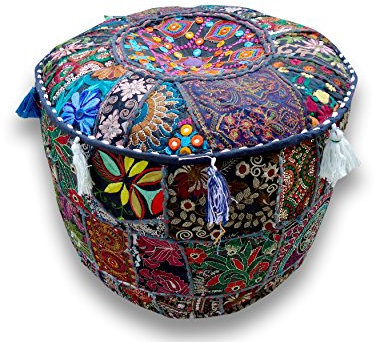Sophia-Art Indian Embroidered Patchwork Cover Indian Decorative Pouf Indian Comfortable Floor Cotton Cushion Ottoman Pouf,Indian Designs Ethnic Patchwork Pouf (Blue, 14 x 22)