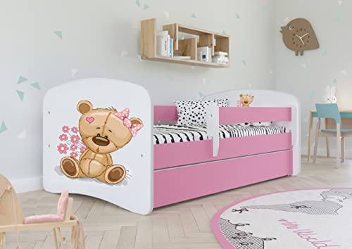 Kinderbett Jugendbett 70x140 80x160 80x180 Rosa mit Rausfallschutz Schublade und Lattenrost Kinderbetten für Mädchen - Teddybär mit Blumen 140 cm