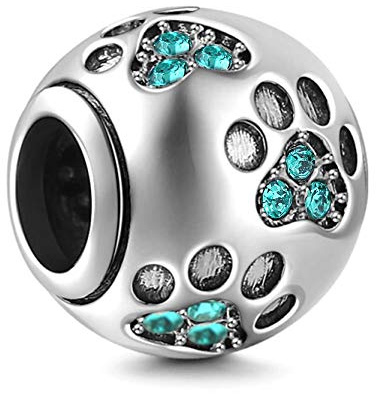 Paw Prints Charm fits Pandora Charm Bracelets, Solid 925 Sterling Silver Beads with Clear Crystal, Round Ball Shape, European Style, Pet Cat Dog Puppy Charms