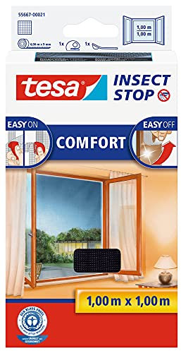tesa Insect Stop Comfort Fliegengitter für Fenster/Insektenschutz mit Selbstklebendem Klettband in Anthrazit/100 cm x 100 cm + 1 Rolle Fliegenfänger Gratis (100 cm x 100 cm/3er Pack, Anthrazit)